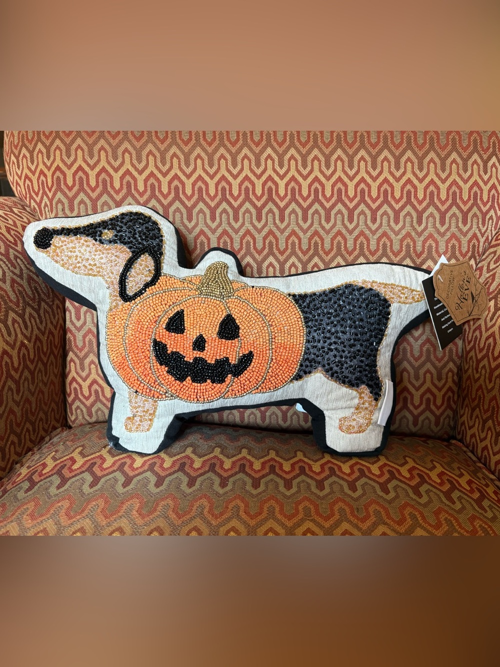 Decorative Dachshund Shaped Halloween Pumpkin Beaded Throw Pillow - Orange/Black